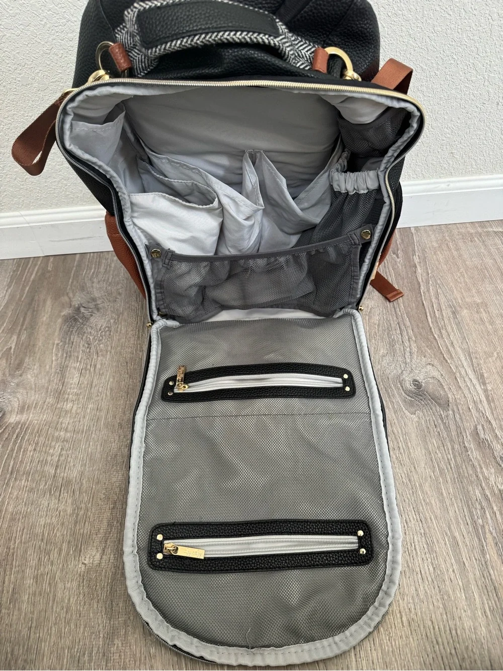 Itzy Ritzy Black White Brown Herringbone Diaper Backpack Set